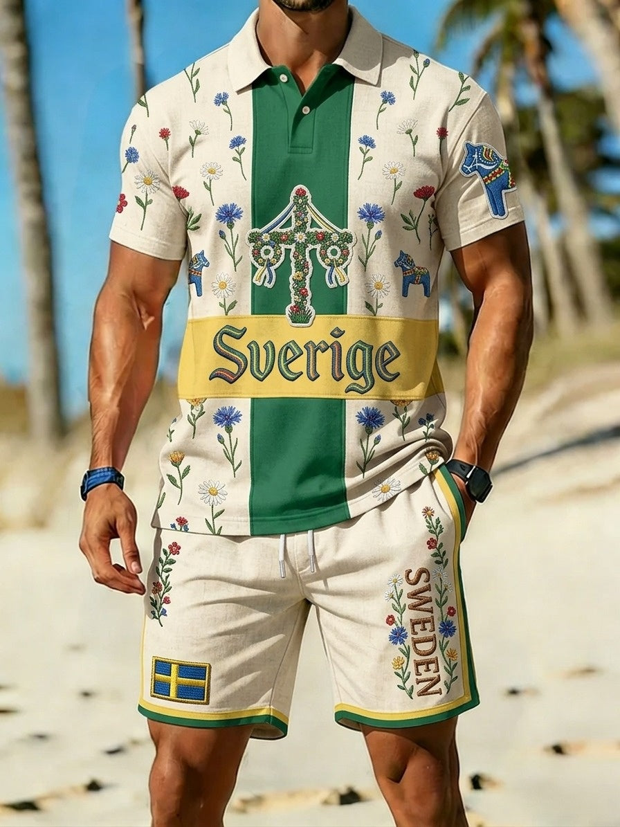 Herrretro svensk midsommarfolkaldrigblommigt tryckt avslappnat polotröja- och shortsset