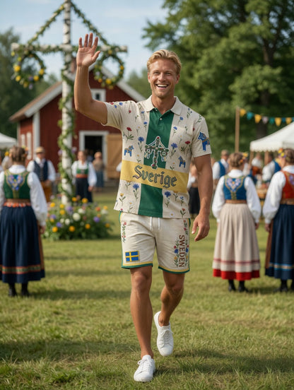 Herrretro svensk midsommarfolkaldrigblommigt tryckt avslappnat polotröja- och shortsset