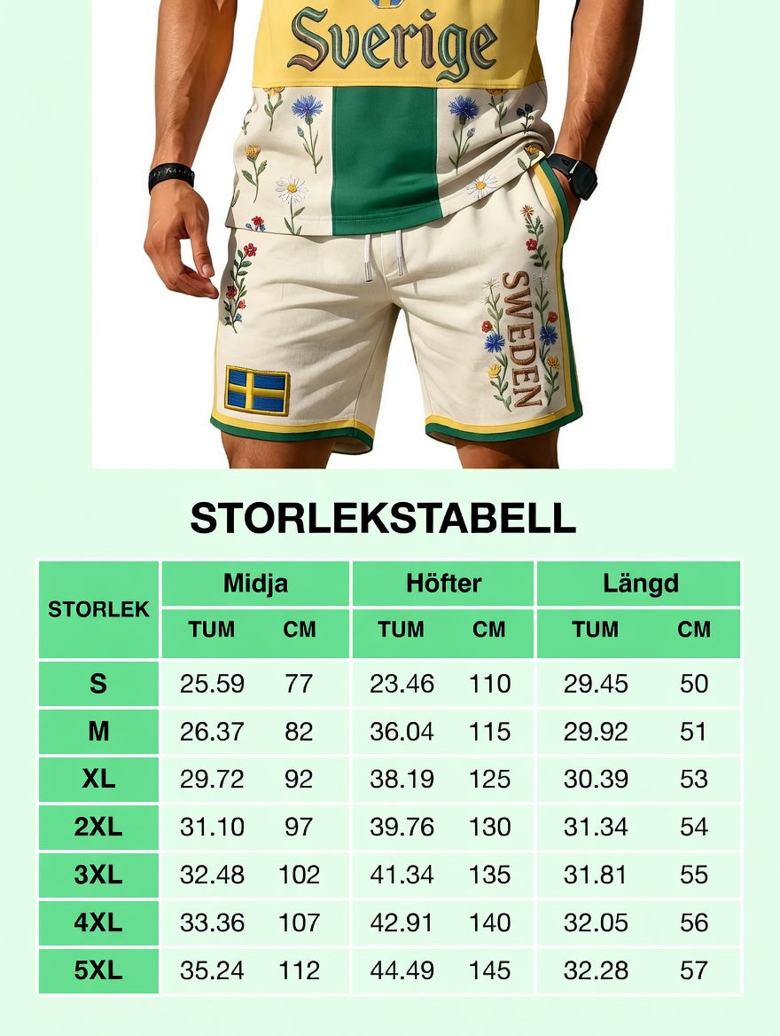 Herrretro svensk midsommarfolkaldrigblommigt tryckt avslappnat polotröja- och shortsset