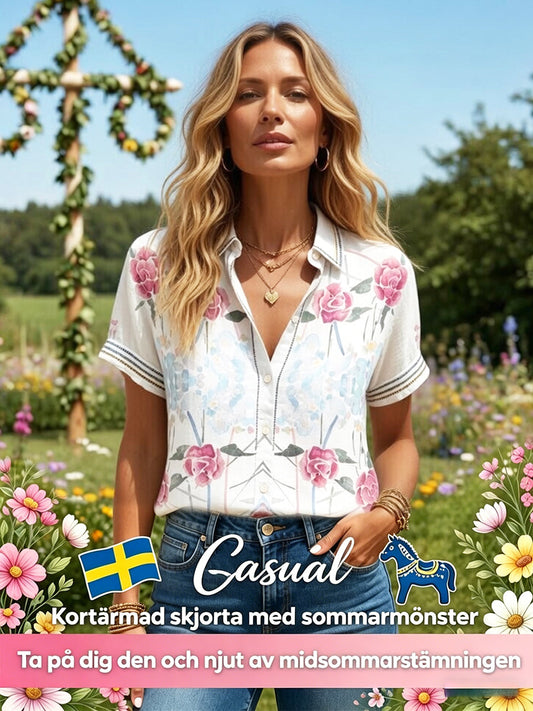 Damsvensk blommig tryckt casual skjorta med korta ärmar