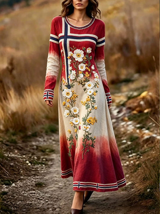 Damekjole i nordisk skandinavisk stil med blomstermotiv og kunsttrykk
