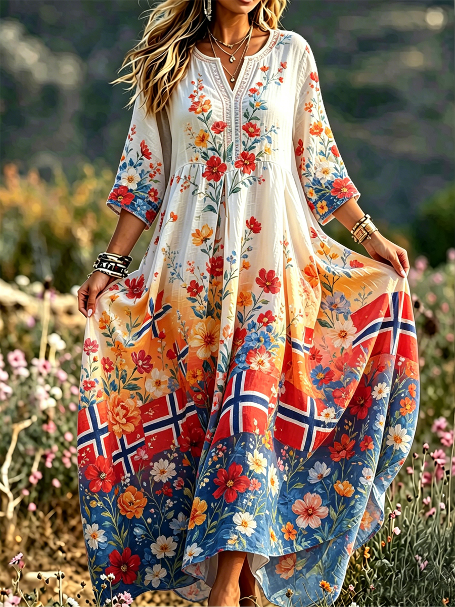 Damekjole i nordisk skandinavisk stil med blomstermotiv trykt på lin