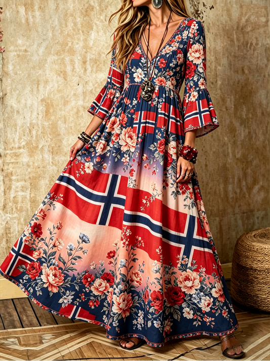 Kvinner Nordisk skandinavisk stil blomstermotiv kunsttrykk V-utringning kjole med lommer
