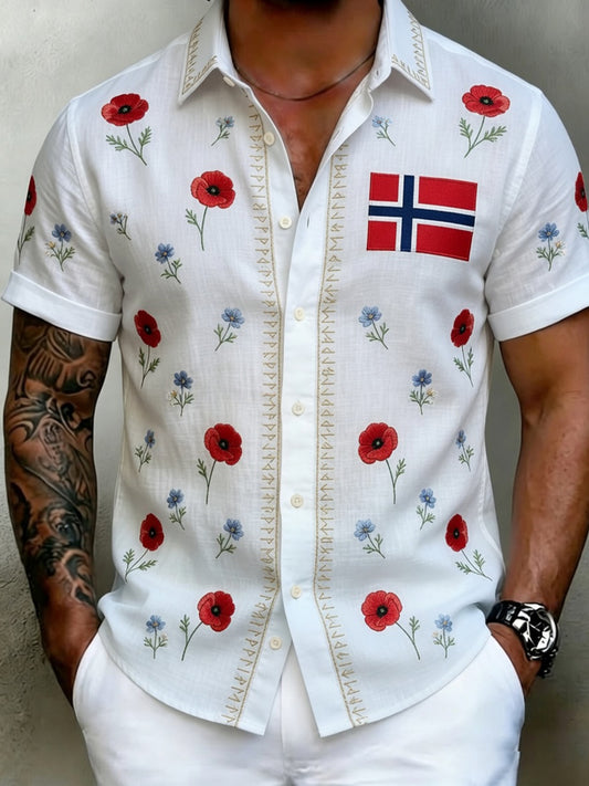 Gammel skandinavisk stil herreskjorte i bomull-lin med norsk kunsttrykk