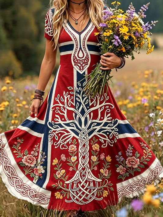 Damekjole i skandinavisk stil med nordisk blomstermotiv trykt på linstofg