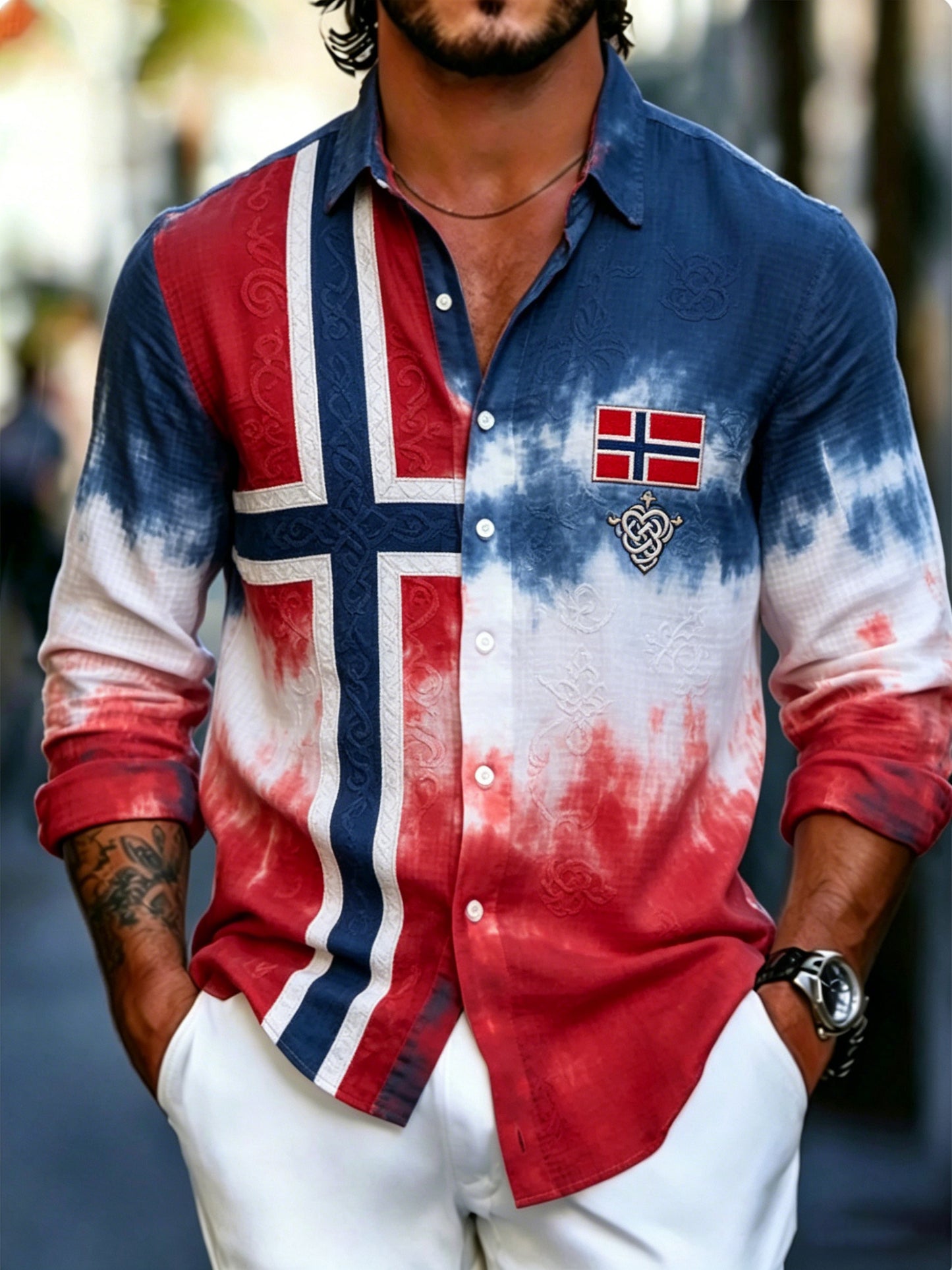 Herrers norsk flagg fargeprint langarmsskjorte