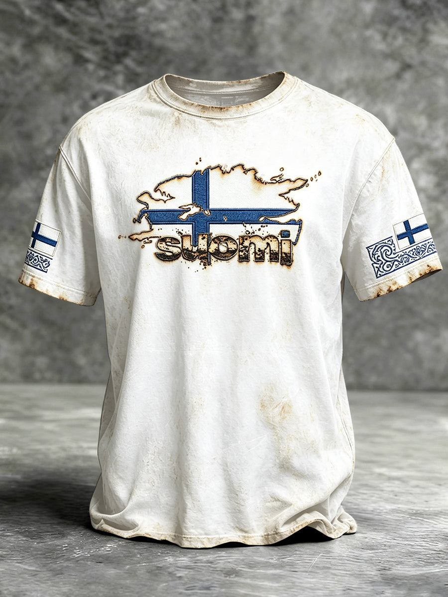 Miesten valkoinen Suomi Vintage Print Casual T-paito
