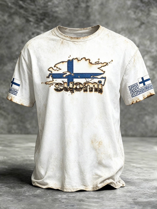 Miesten valkoinen Suomi Vintage Print Casual T-paito