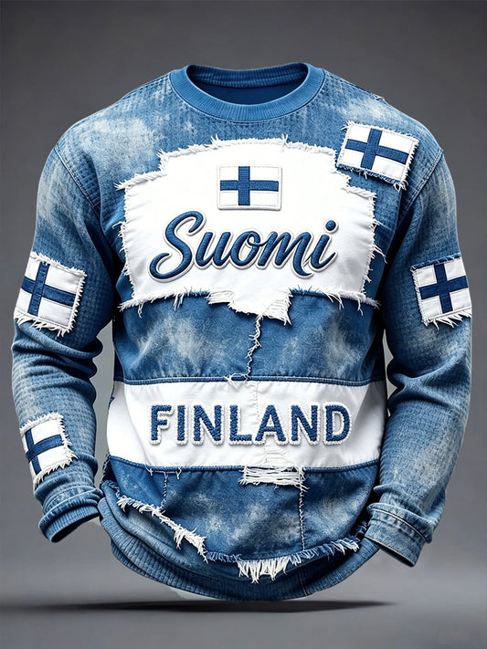 Miesten Vintage suomalainen Suomi Patchwork 3D Tulosta vapaa pitkähiha T-paiti