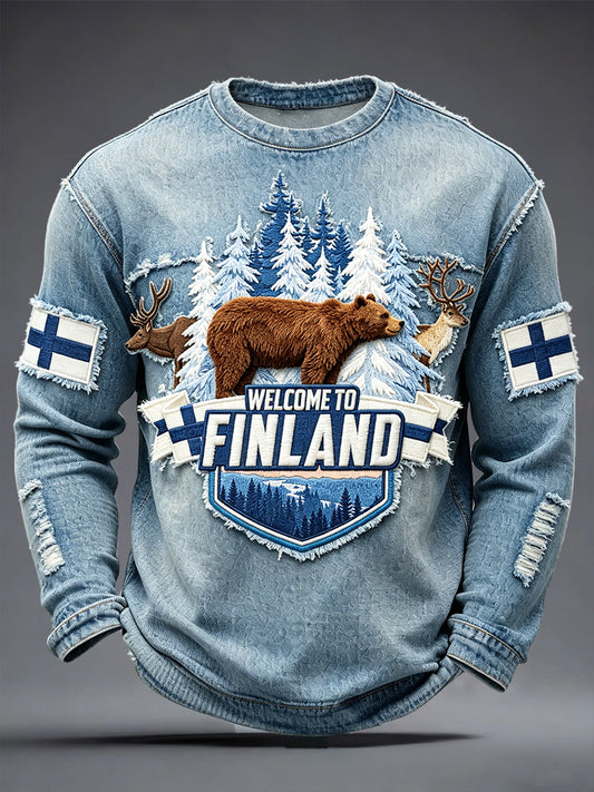 Miesten suomalainen karhu Denim-tyylinen patchwork Print Casual Pitkähiha T-paiti