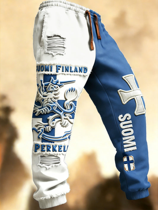 Miesten suomalainen Suomi Häiriintyjä Tulosta Patchwork Casual Sweathousut Pöksyt