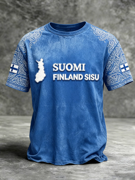 Miesten sininen Suomi Vintage Print Casual T-paito