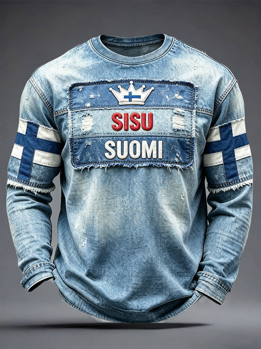 Miesten suomalainen ”Suomi” patchwork Print Casual Pitkihihiha T-paiti