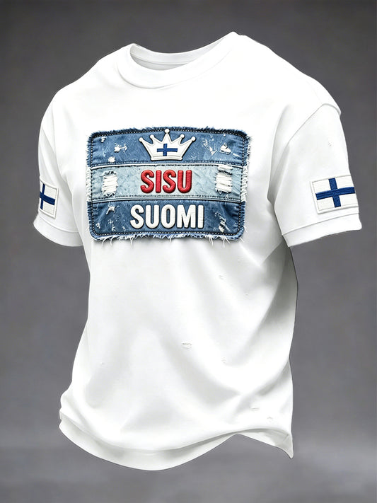 Miesten Valkoinen Suomi Sisu Patchwork Print Casual T-paito