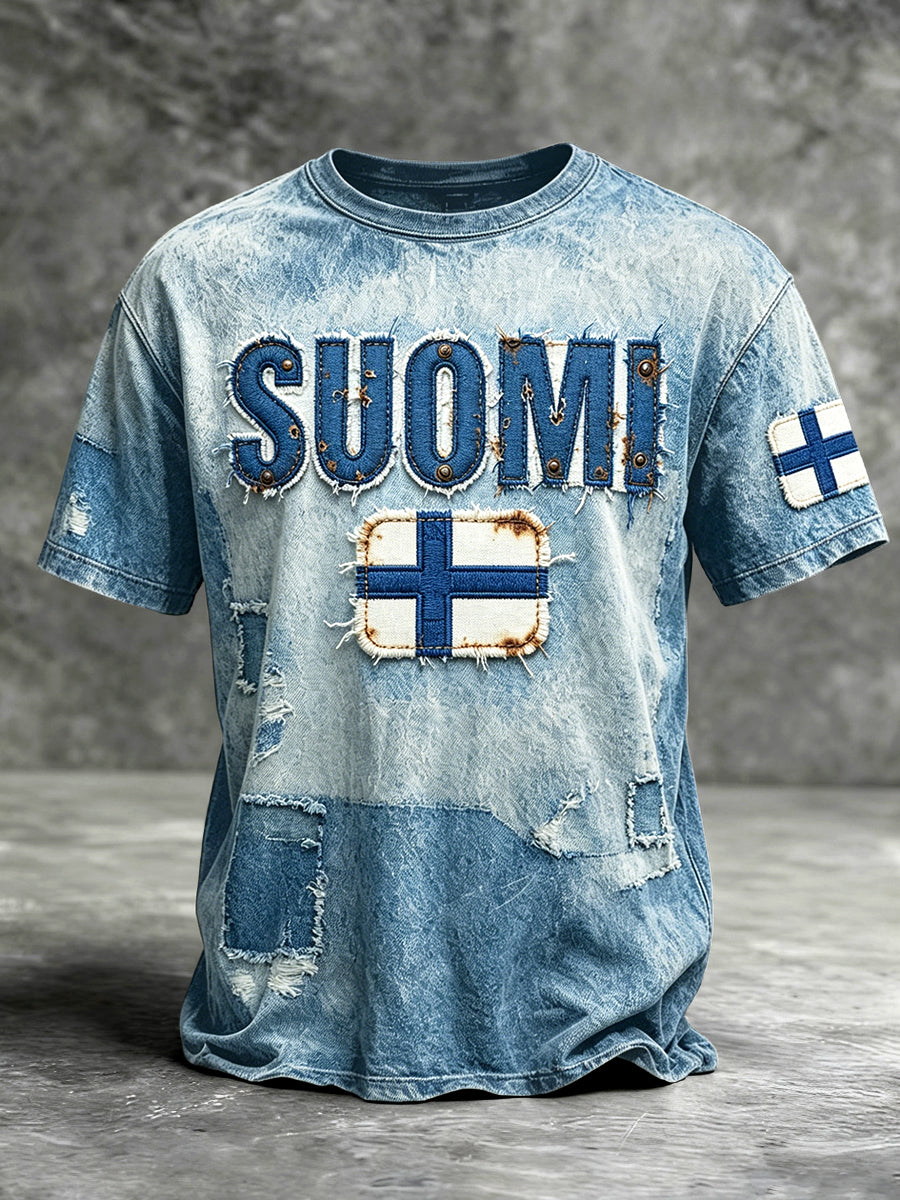 Miesten Suomi Denim-Effect Patchwork Print Casual T-shirt