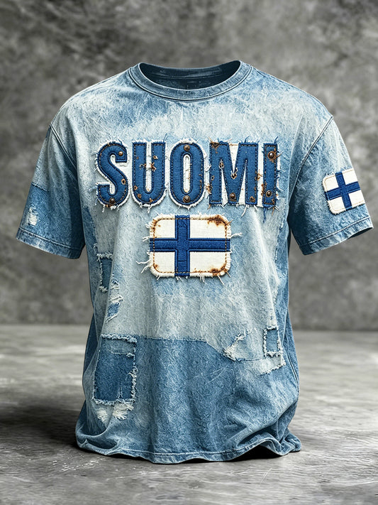 Miesten Suomi Denim-Effect Patchwork Print Casual T-shirt