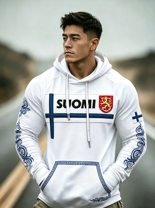 Miesten Valkoinen Suomi ”Suomi” patchwork tulostaa pudotushukkahukkaa