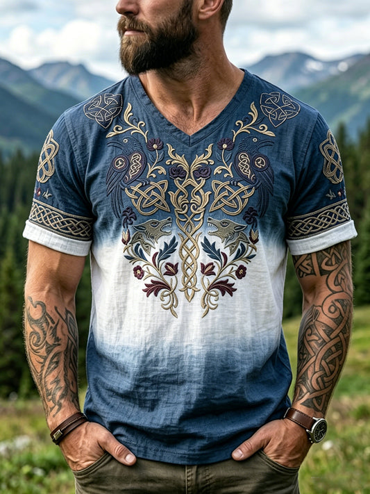 Herrer Retro Gradient Print Fritids T-skjorte med V-utringning