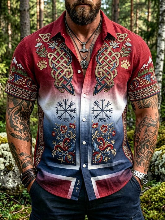 Mannlig vintage blomstermønstret fritidsskjorte med korte ermer i norsk stil