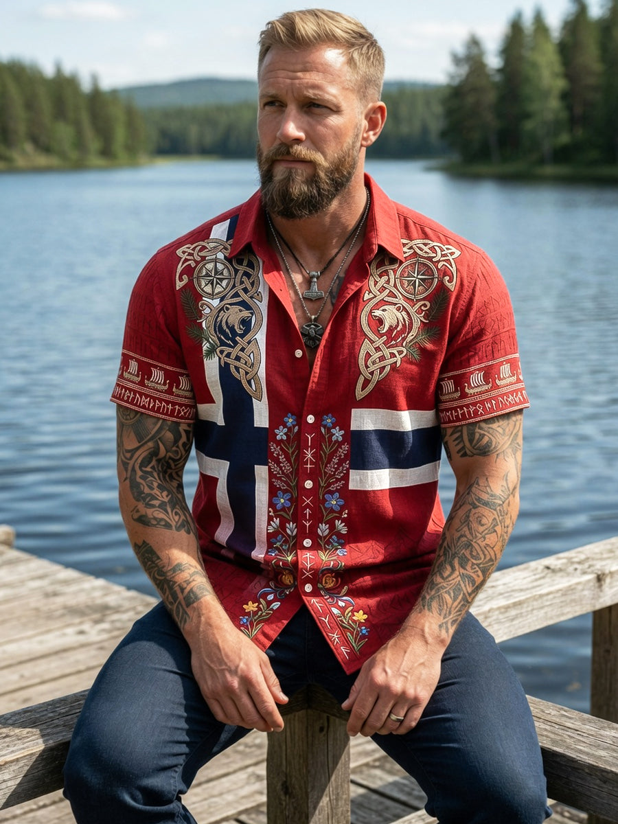 Herr retro asymmetrisk blomstermønstret fritidsskjorte med korte ermer