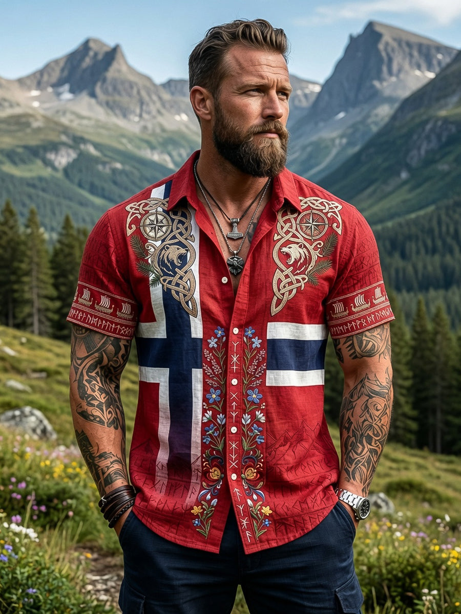 Herr retro asymmetrisk blomstermønstret fritidsskjorte med korte ermer