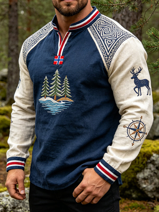 Mannlig vintage kompass-totem avslappet t-skjorte med lange ermer