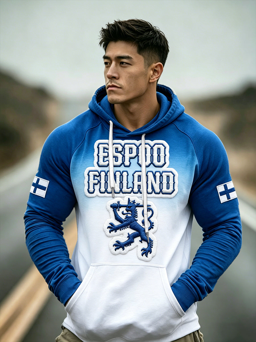 Miesten suomalainen ”Suomi” Gradient Tulostus Raglan-Sueve Huppuhukkapaikka