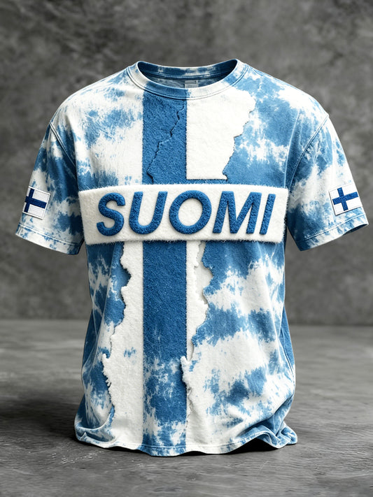 Miesten sininen suomalainen “Suomi” Vintage Print Casual T-paito