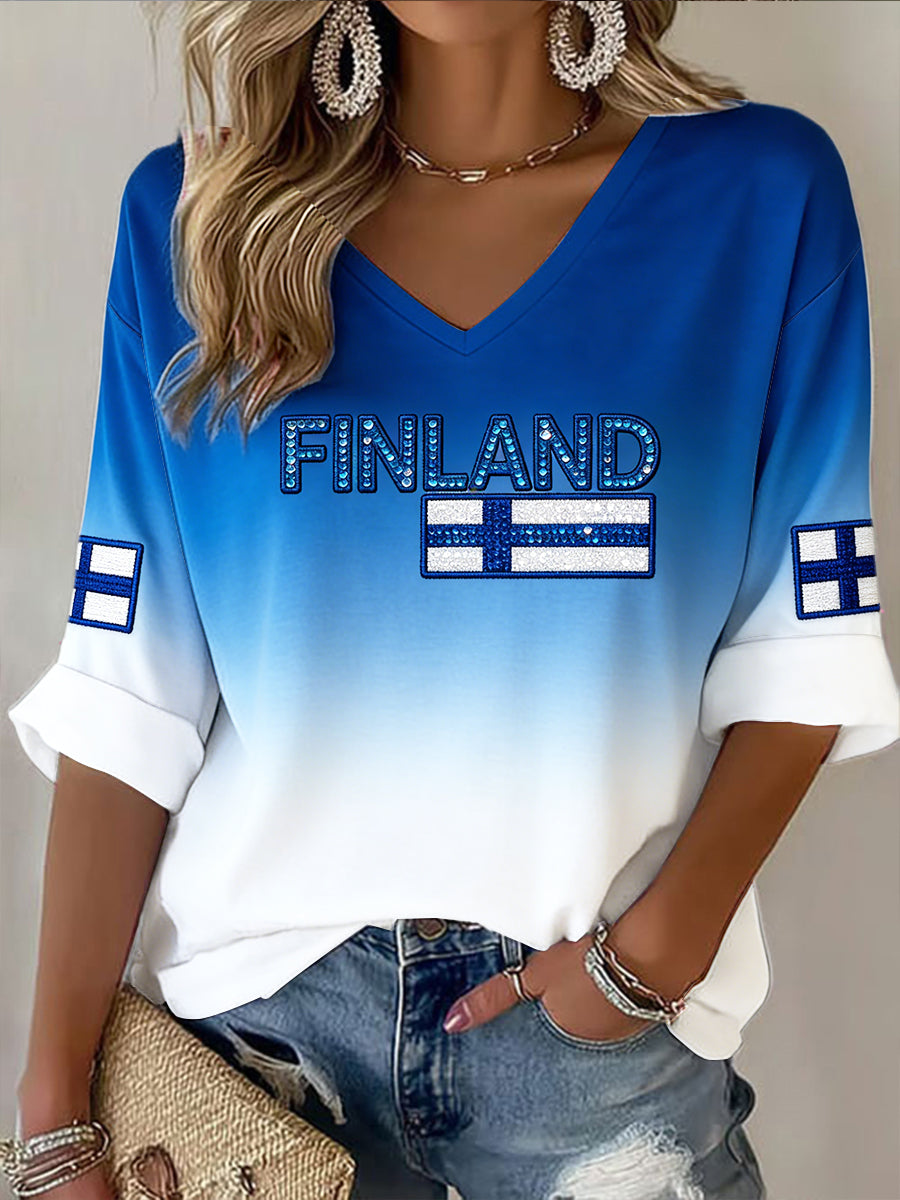 Naisten Suomi Lippu Gradient Tulosta Casual V-kaula Pitkähihainen T-paita