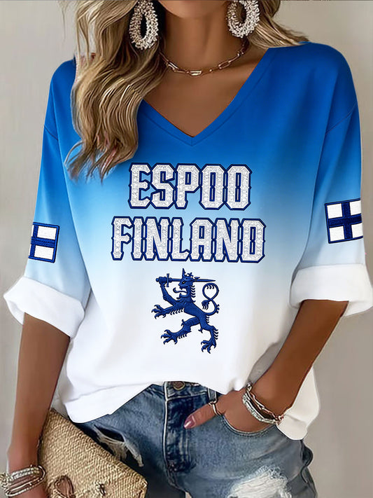 Naisten Suomi Lippu Gradient 3D Tulosta Casual V-kaula Pitkähihainen T-paito