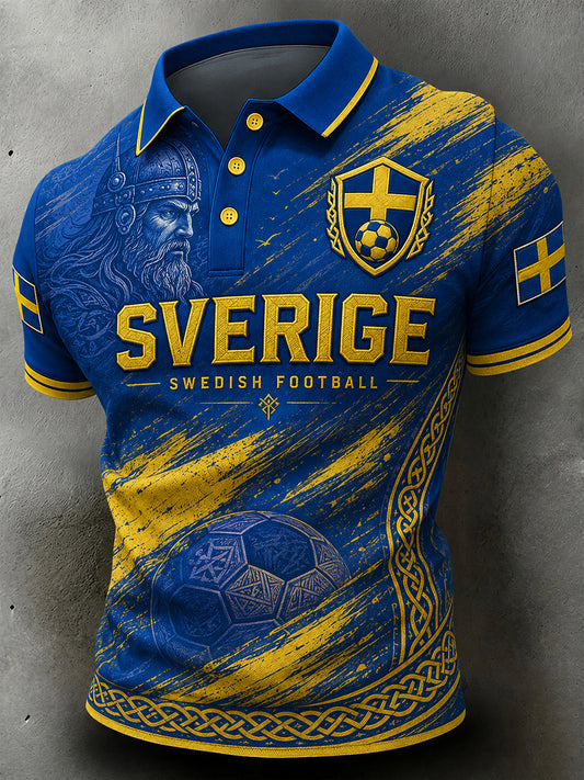 Vintage-tryckt polo med fotbollstema för svenska fans – avslappnad stil för män