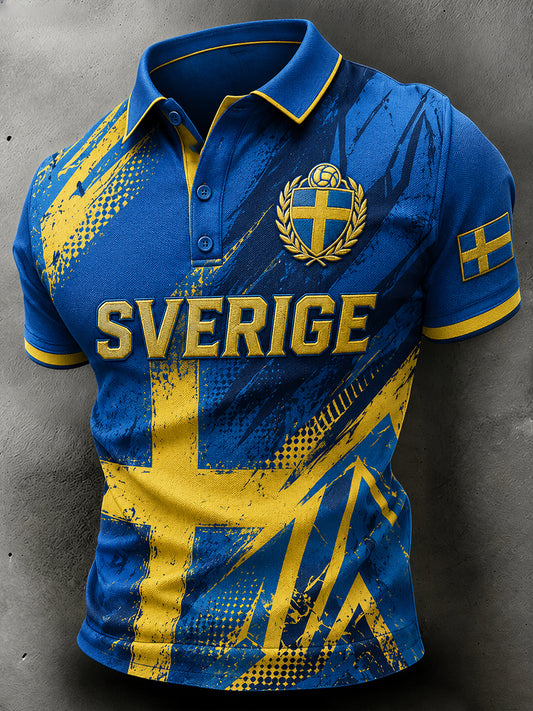 Kvartettad polo med korta ärmarna och fotbollsmotiv för män