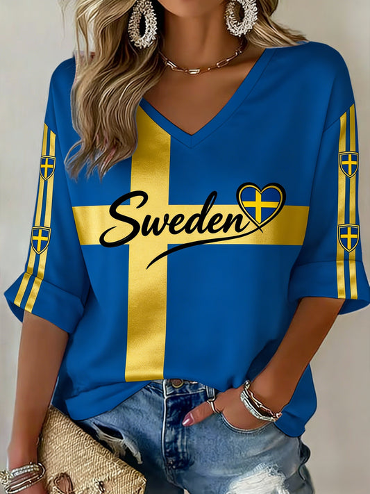 Kvinnor Retro Svenska Fotbollsflaggbricka Casual Topp