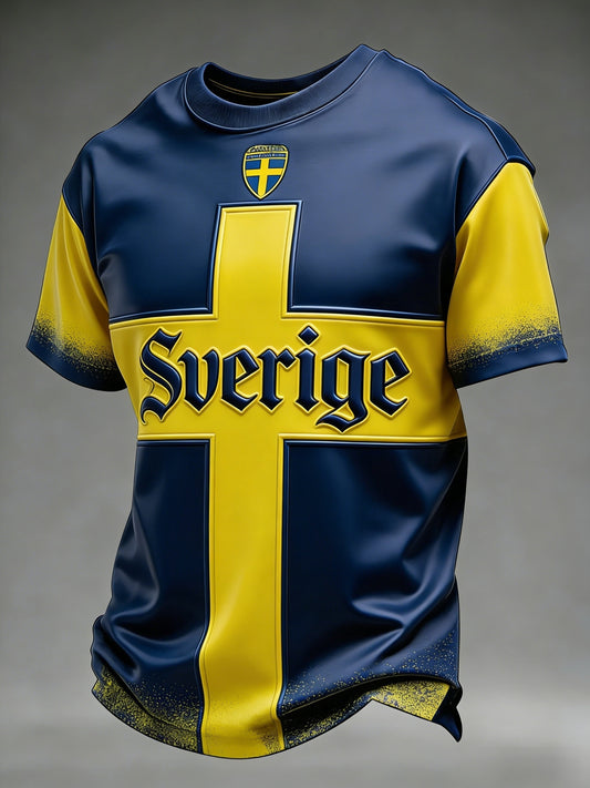 Retro svensk fotbollslagsmärke avslappnad t-shirt med korta ärmarna
