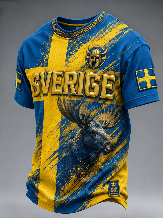Retro svensk fotbollslandslagsflagga med emblem och t-shirt i vikingastil med korta ärmarna