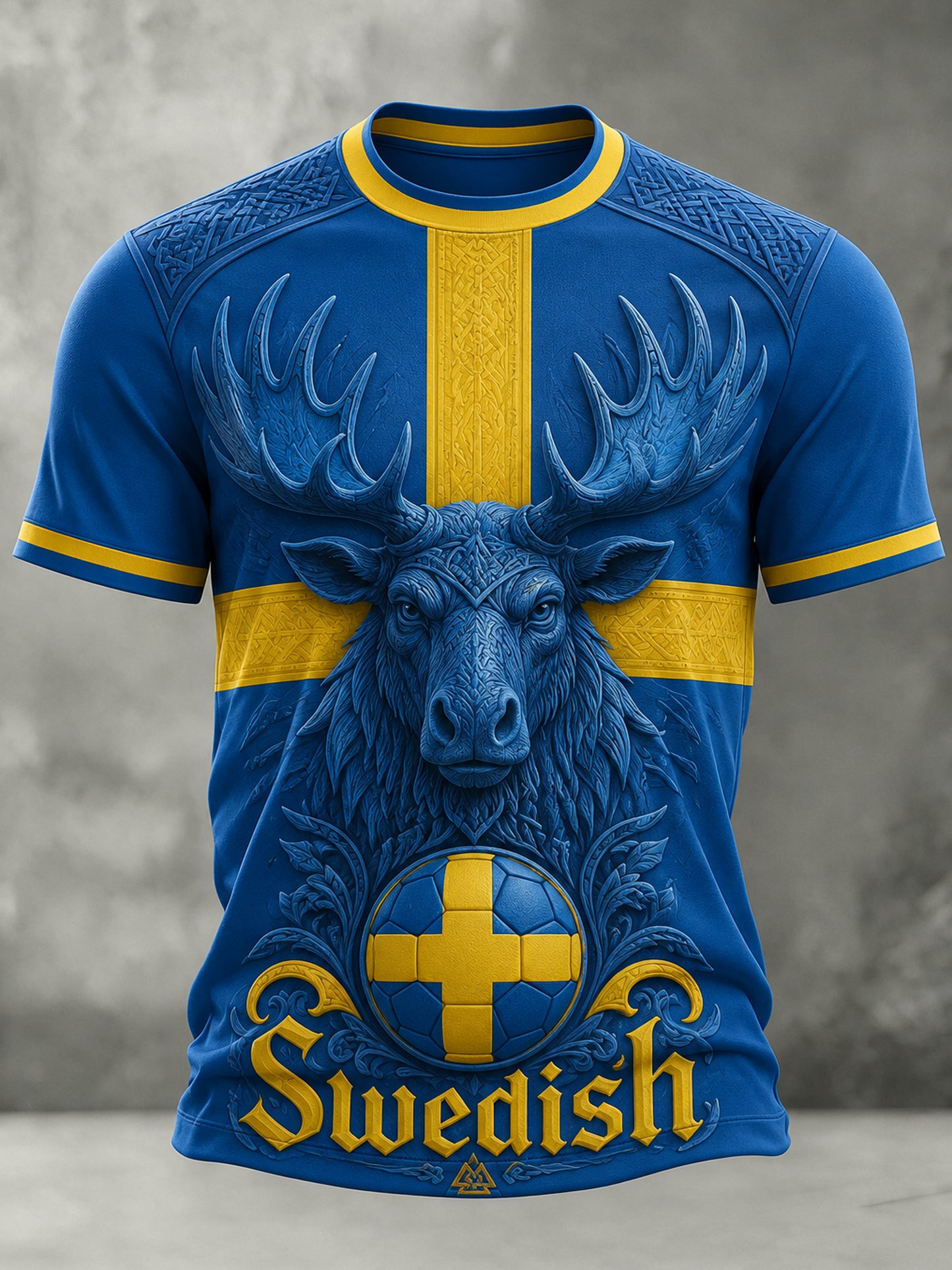 Konstnärlig t-shirt för herr med fotbollsmotiv och svensk tema