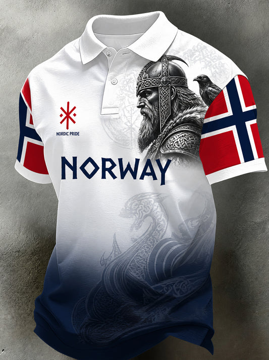 Menns retro nordisk stil norsk kunsttrykk avslappet poloskjorte