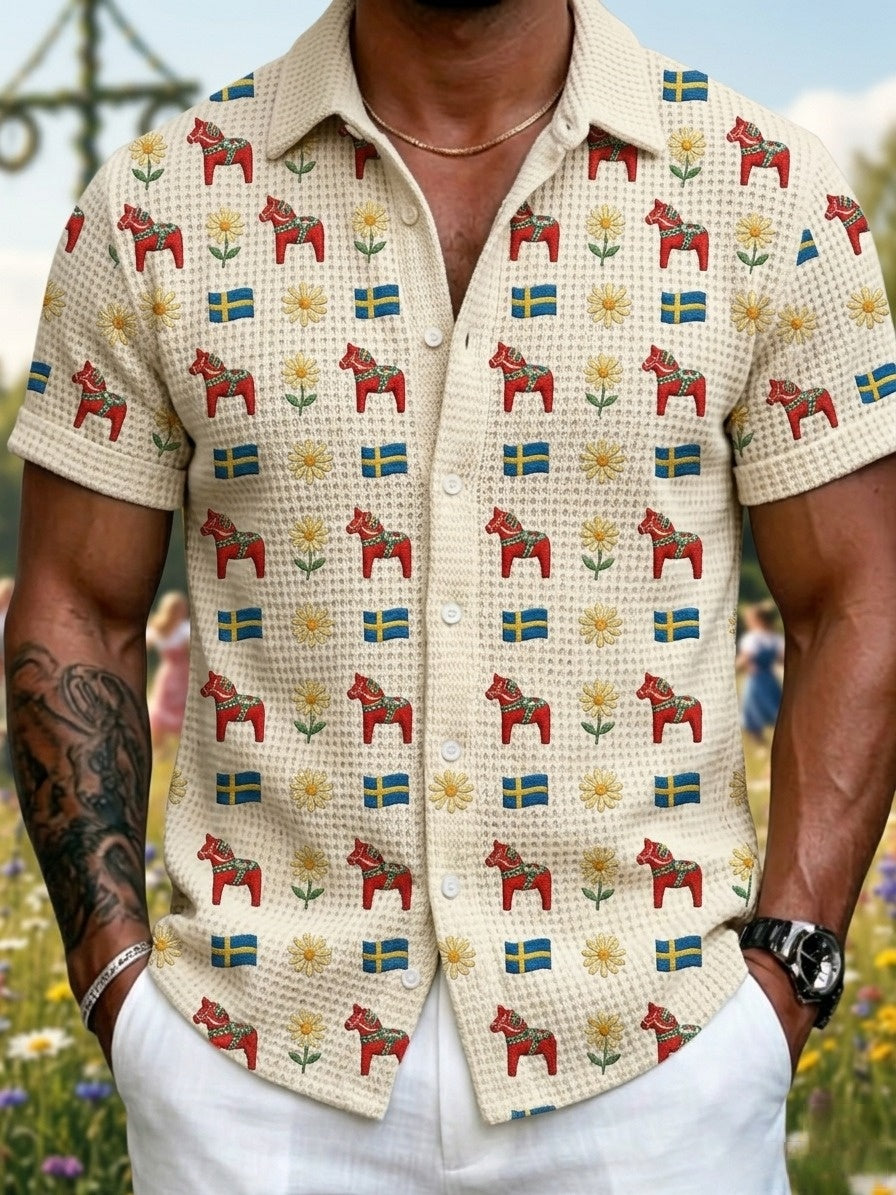 Mans retro svensk midsommar folkblommig waffeltröja med korta ärmar
