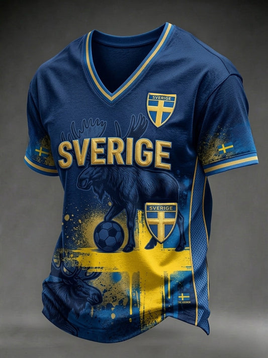 Herr Retro Svensk fotbollsfläkt Casual Sporty V-hals T-shirt