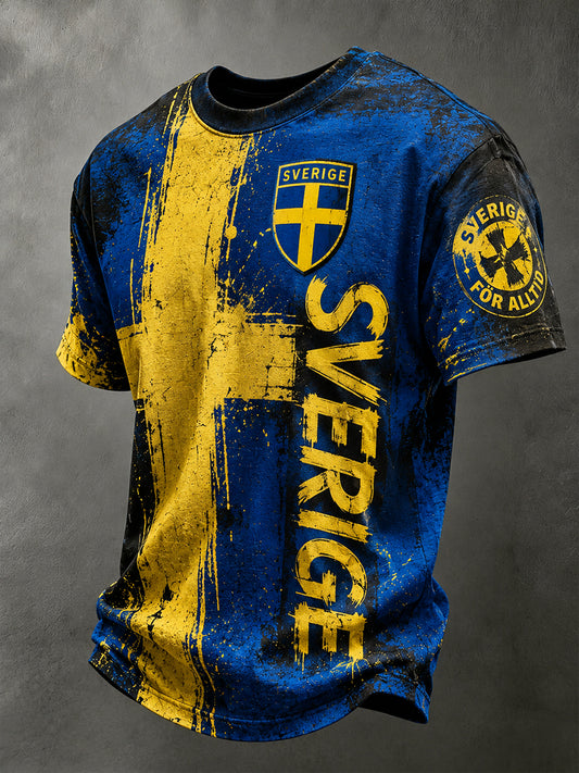Retro svensk fotbollslandslagsflagga med emblem och t-shirt i vikingastil med korta ärmarna