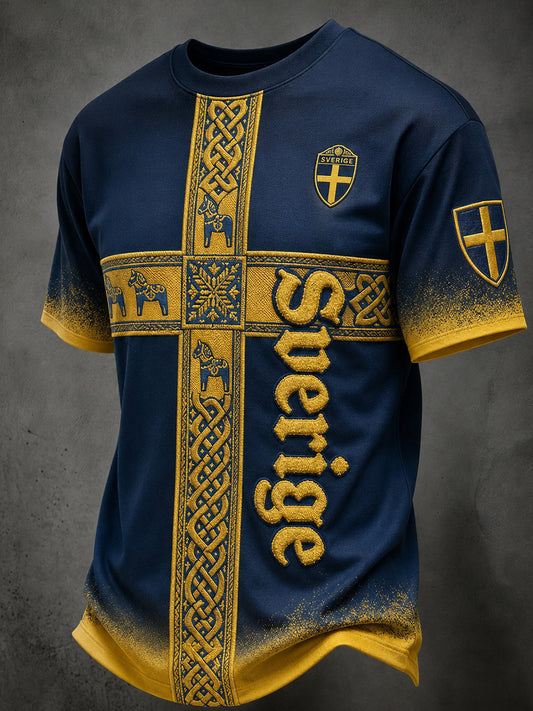 Mäns Retro Viking-Style Sverige National Flag Emblem Short-Shirt