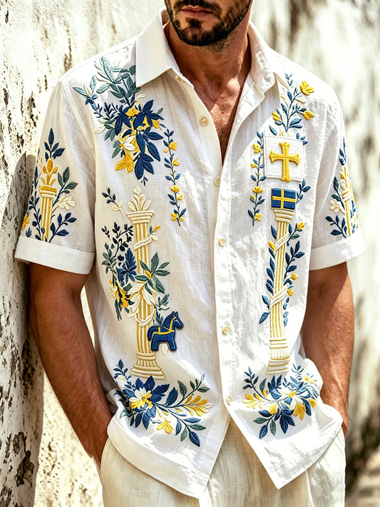 Herrens svenska midsommar Floral 3D-tryckt casual kortärmad skjorta