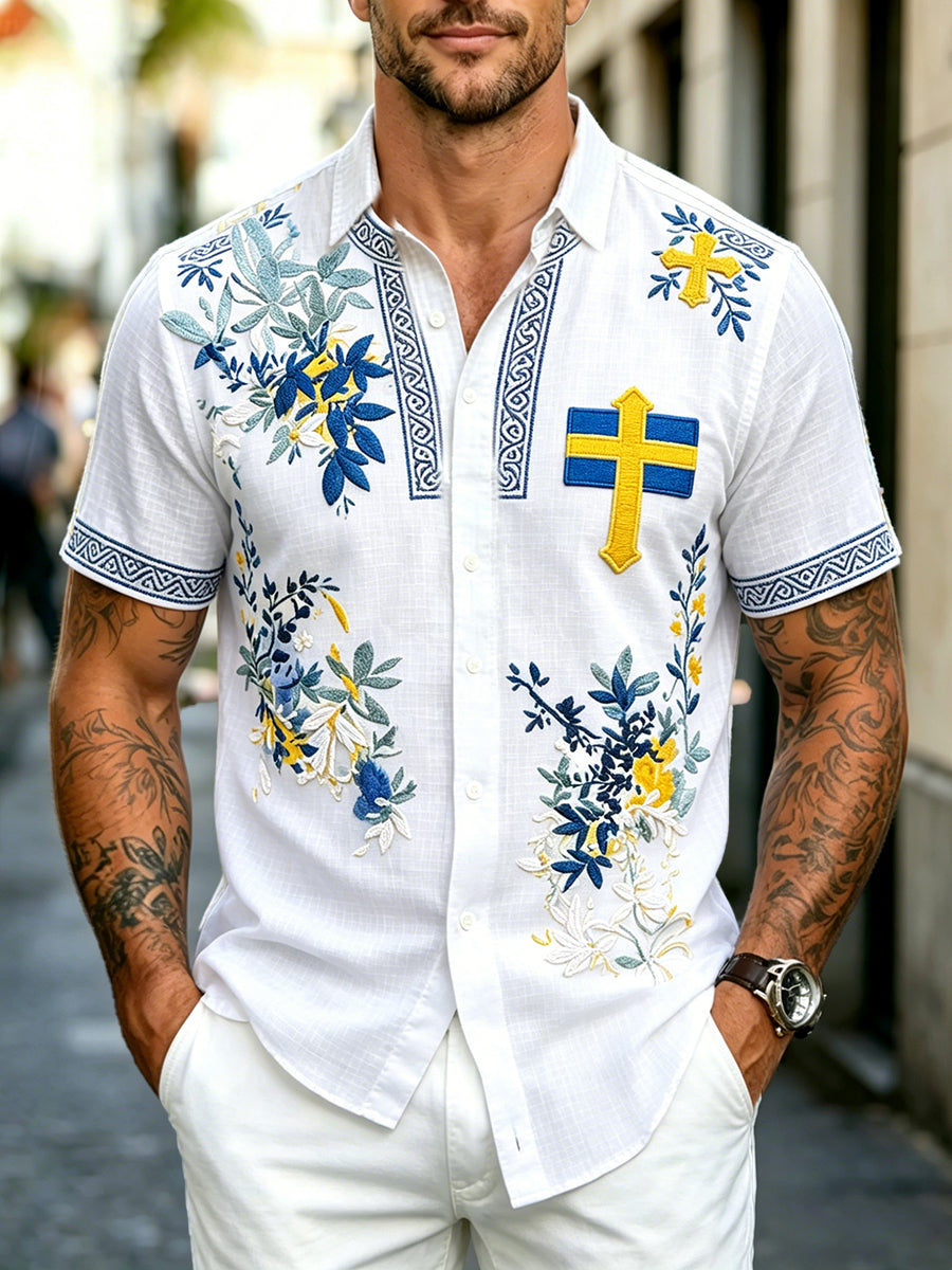 Vita Svenska Flagg Floral 3D Skriv ut Casual Short-Slorad skjorta