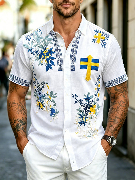 Vita Svenska Flagg Floral 3D Skriv ut Casual Short-Slorad skjorta