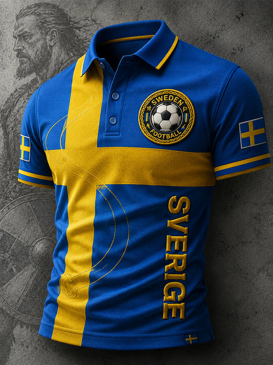 Retrodammsugare för män med svensk fotbollsskärm konsttryck avslappnad pikétröja
