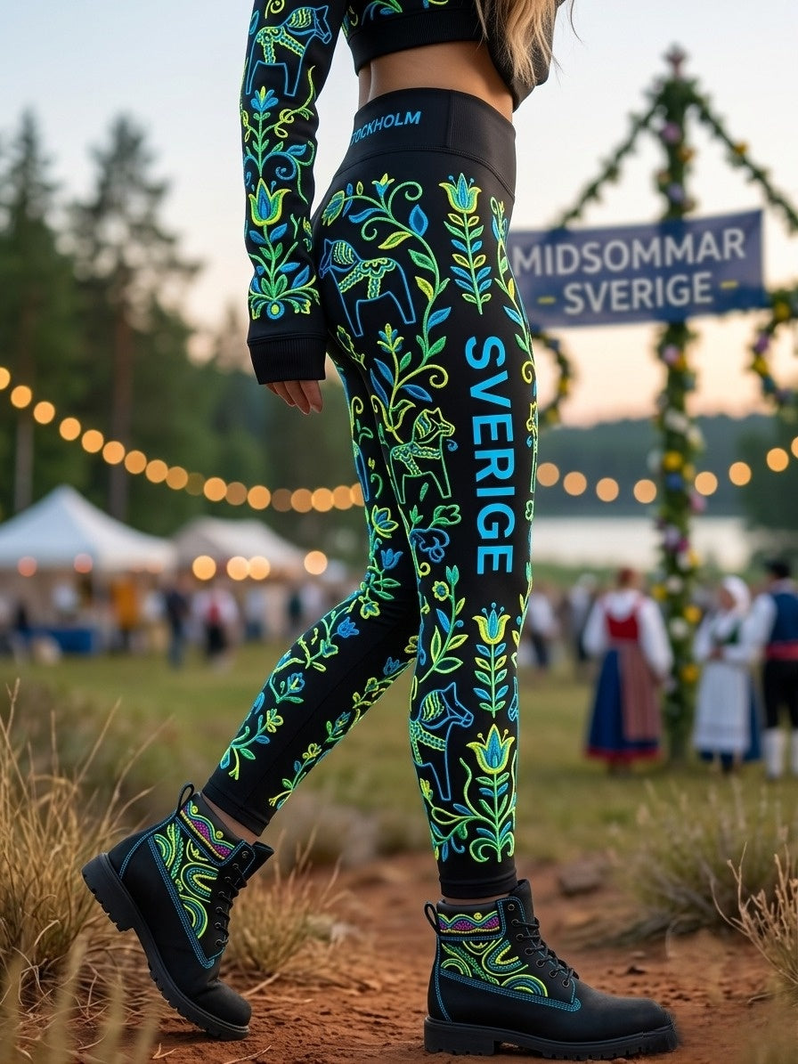 Damernas retro svenska midsommarfolkaldriga blommiga stretchleggings för sport