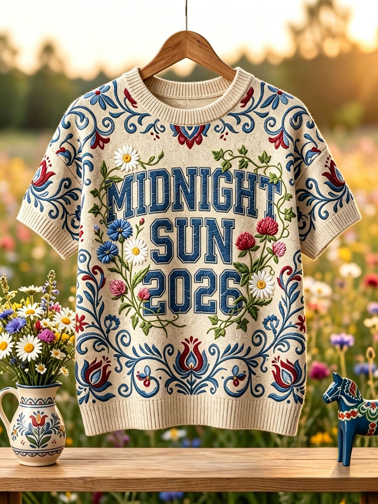 Damernas retro svensk midsommarfolk-stil blommig kortärmad stickad t-shirt