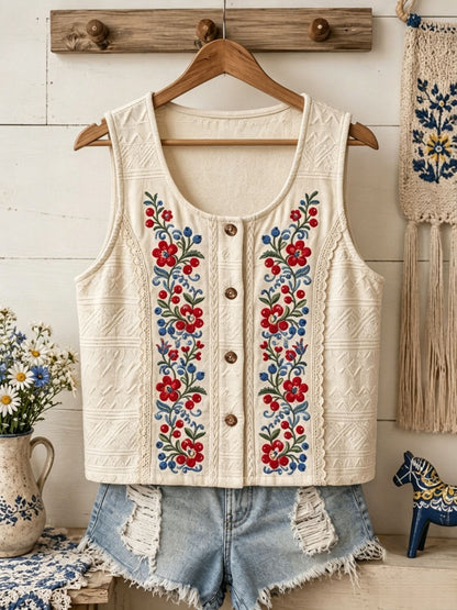 Dams väst i retrostil med svensk midsommar-, folk- och blommotiv
