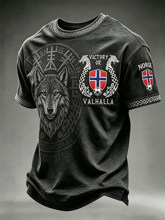 Menns seier eller Valhall Norge fotball viking ulv og Vegvisir trykk t-skjorte med korte ermer