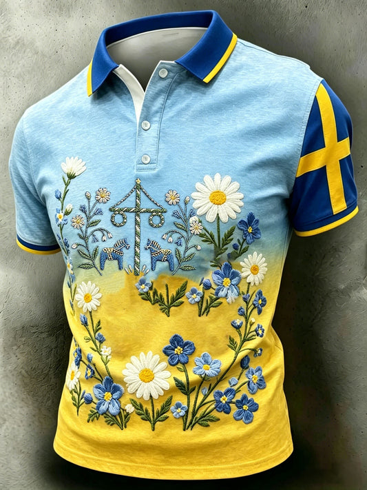 Mäns Retro Svenska midsommar Folkblommis Kort ärm Polo tröj